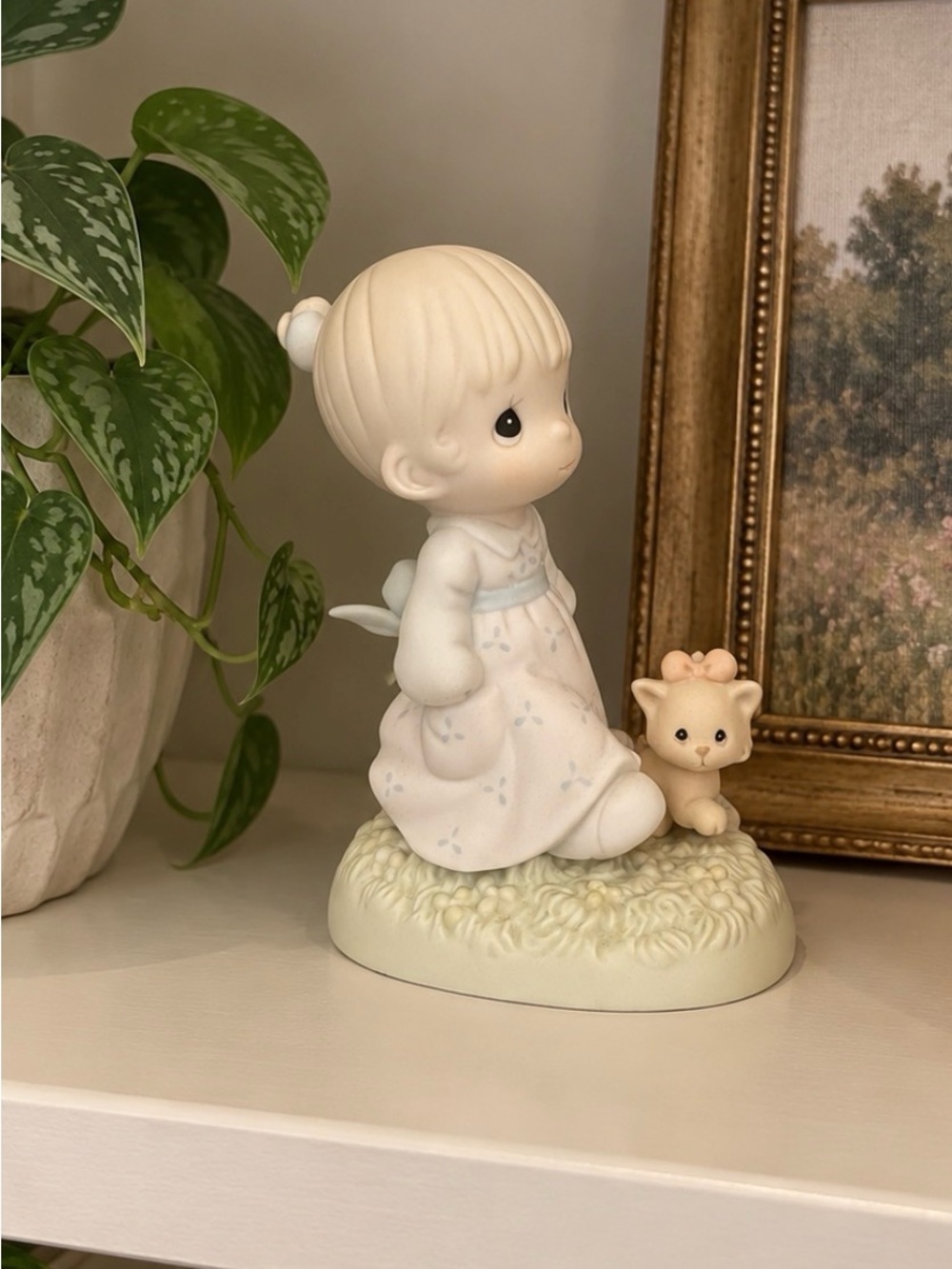 Precious Moments Cream and Pastel Blue Girl Figurine with Kitten